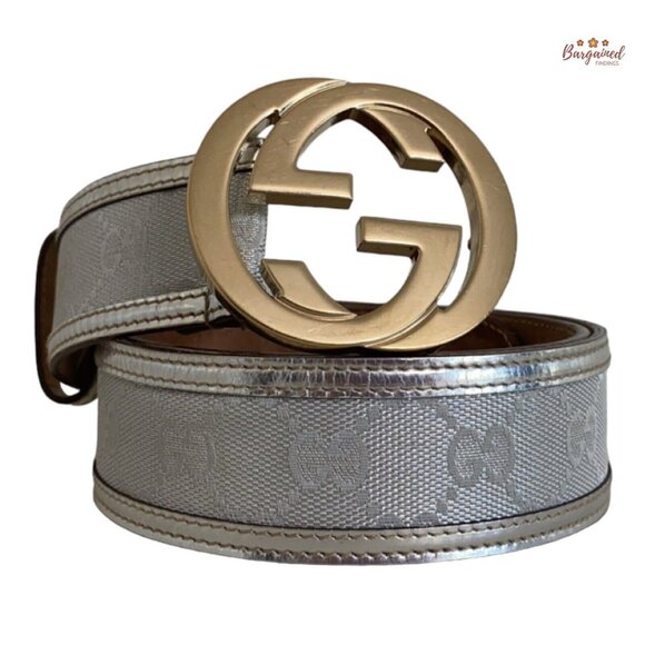 Auth Gucci Silver Monogram Canvas Leather Gold Interlocking G Buckle Belt 90/36 - Picture 1 of 13